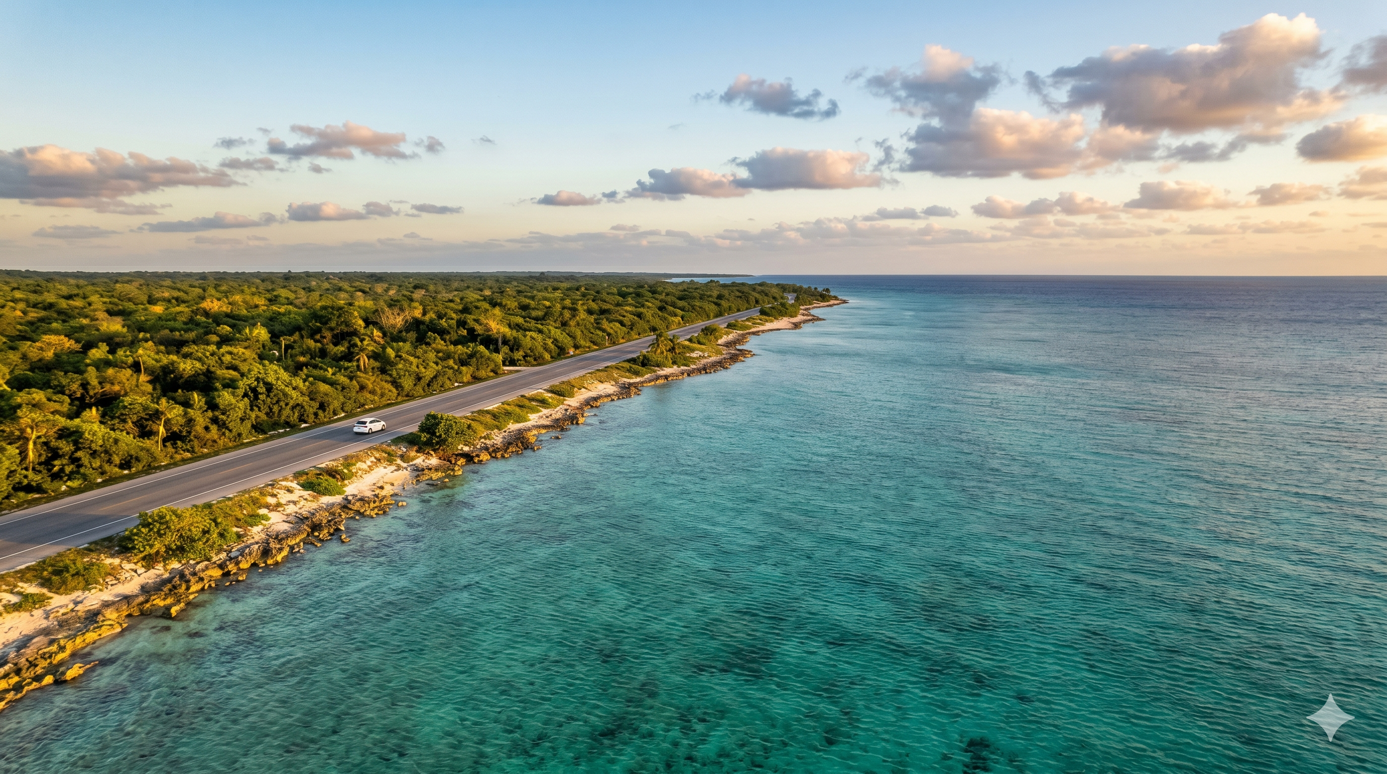 Turquoise Caribbean coastline of Cozumel island seen from above at golden hour