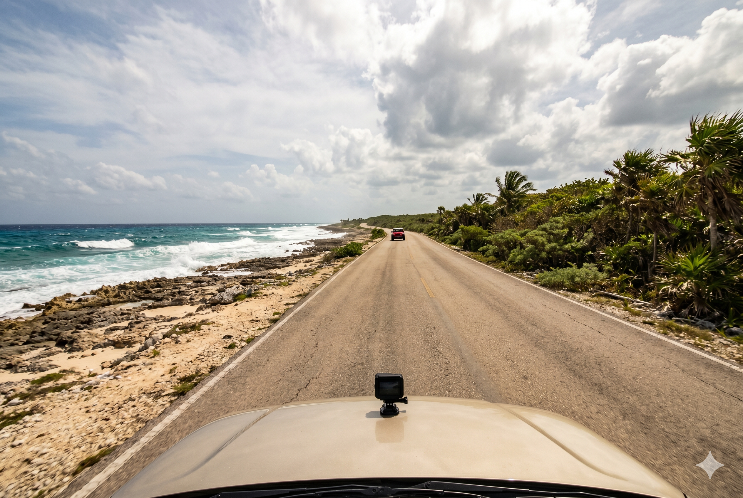 Open road along Cozumel east coast highway with wild Caribbean beach and waves