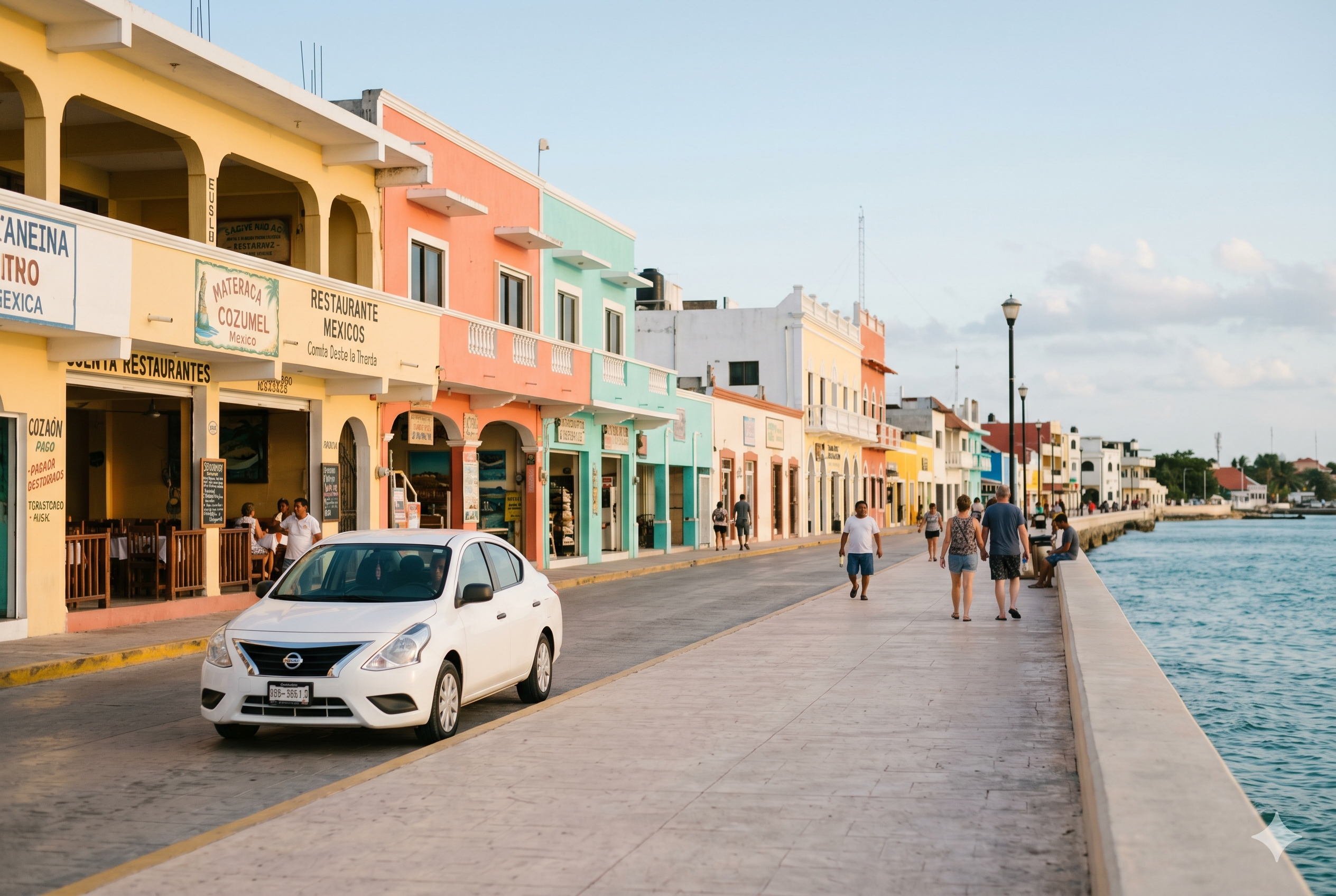 San Miguel de Cozumel malecón boardwalk with colorful buildings and Caribbean sea