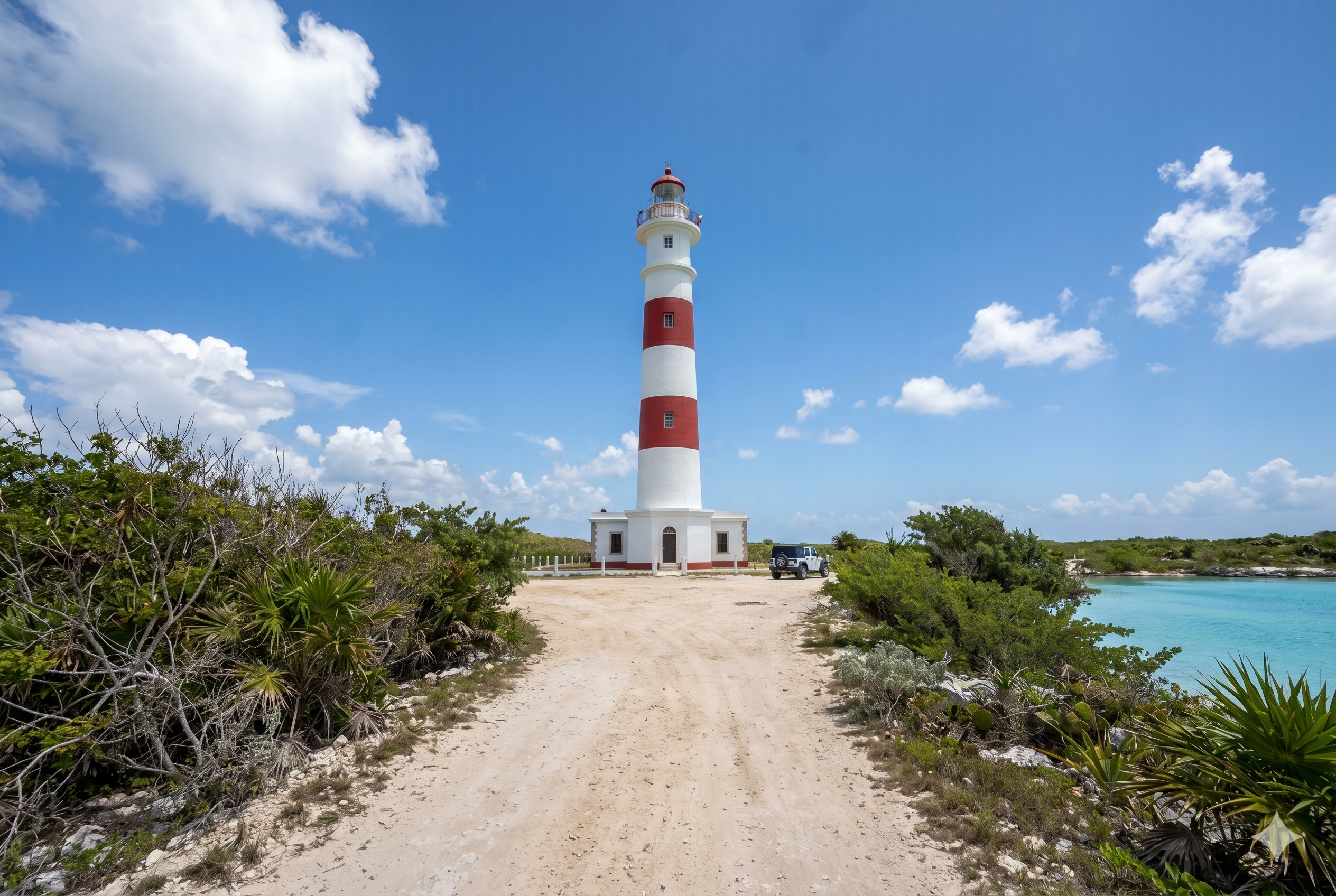 Punta Sur Eco Park lighthouse in Cozumel with Caribbean sea and lagoon view