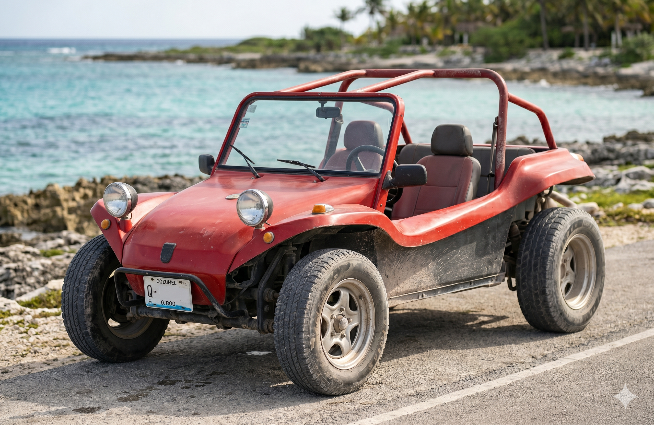 Red open-air beach buggy adventure rental in Cozumel
