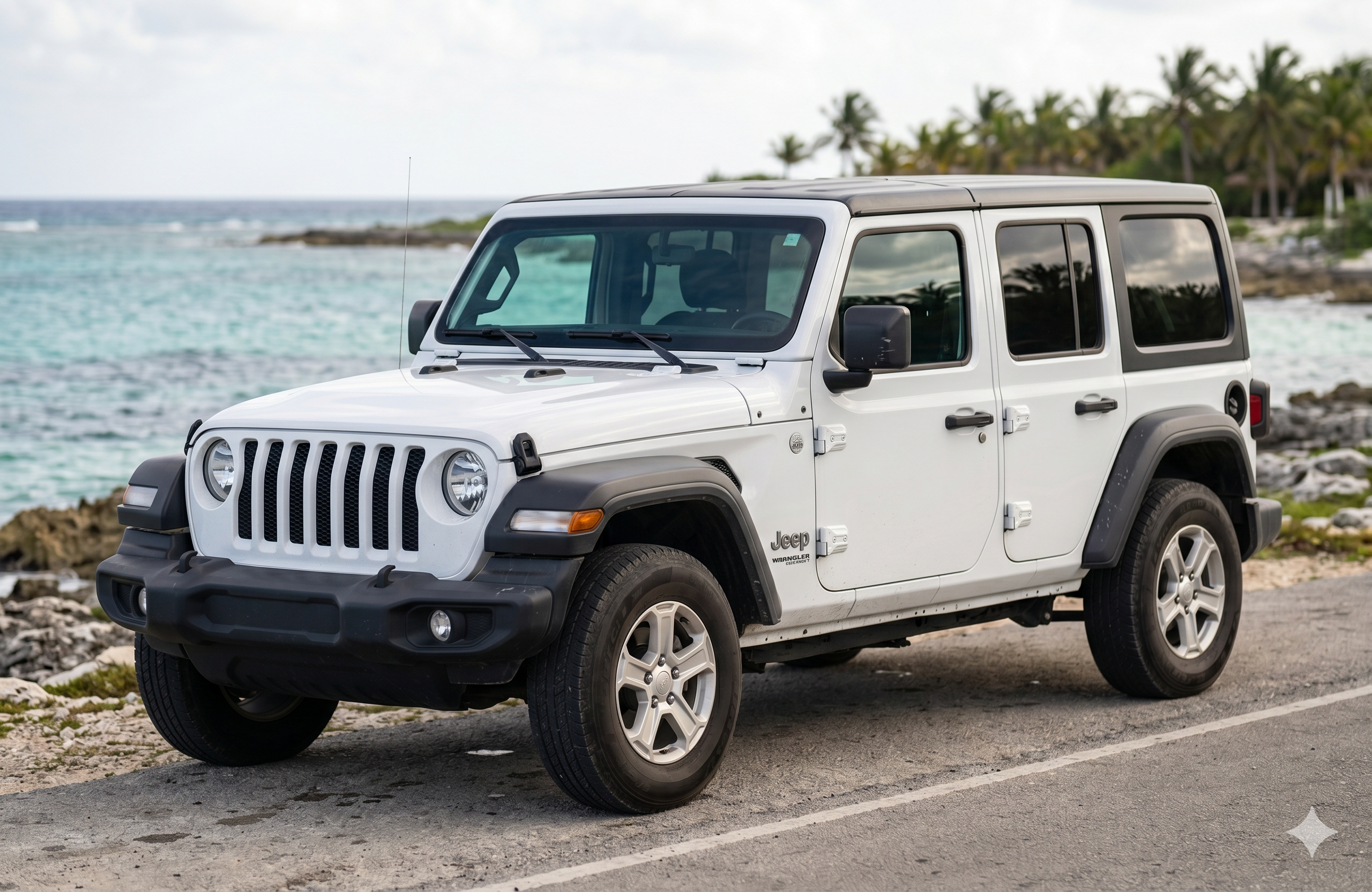 White Jeep Wrangler 4-door rental car in Cozumel