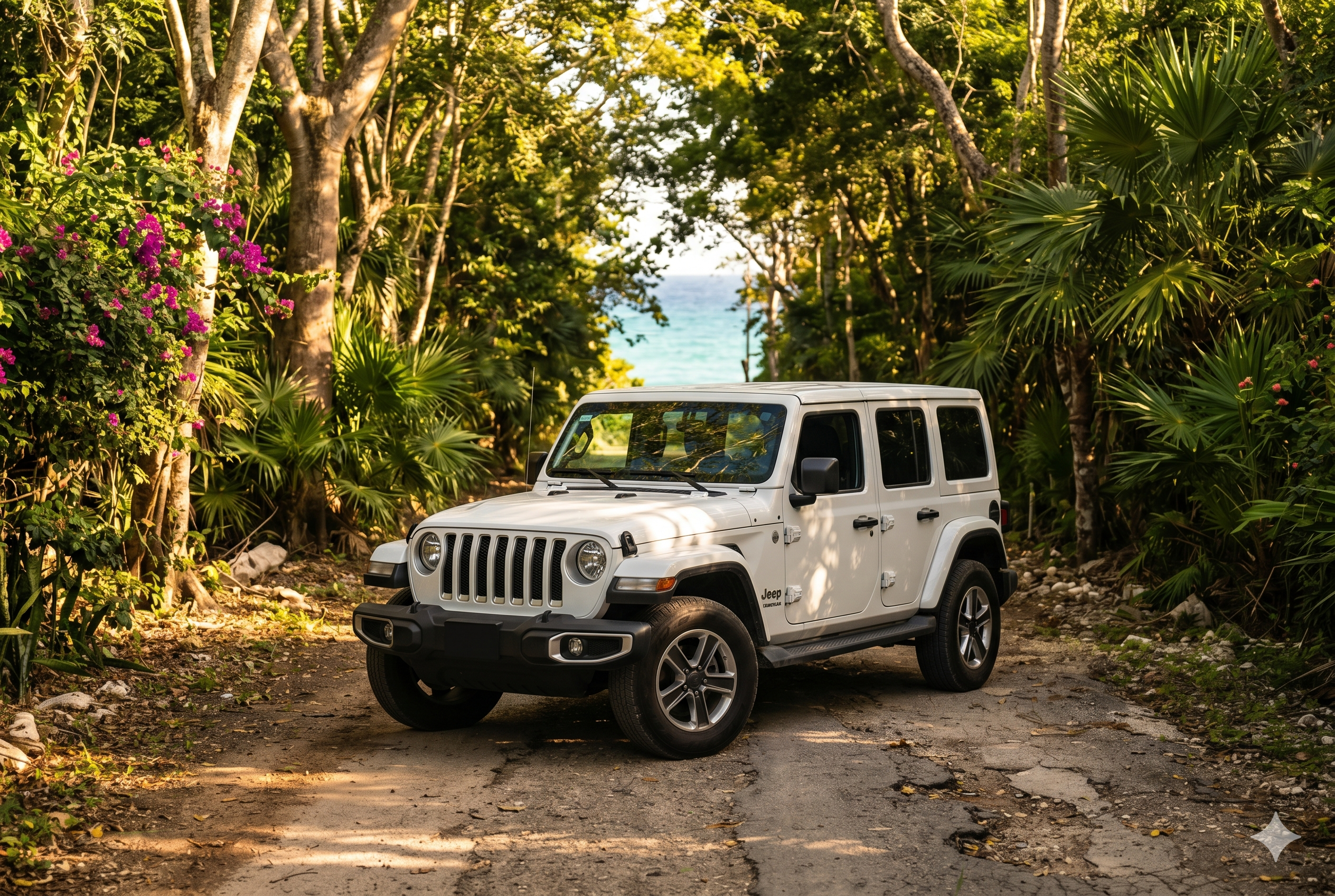 Jeep Wrangler parked on a jungle road in Cozumel with Caribbean sea visible in background