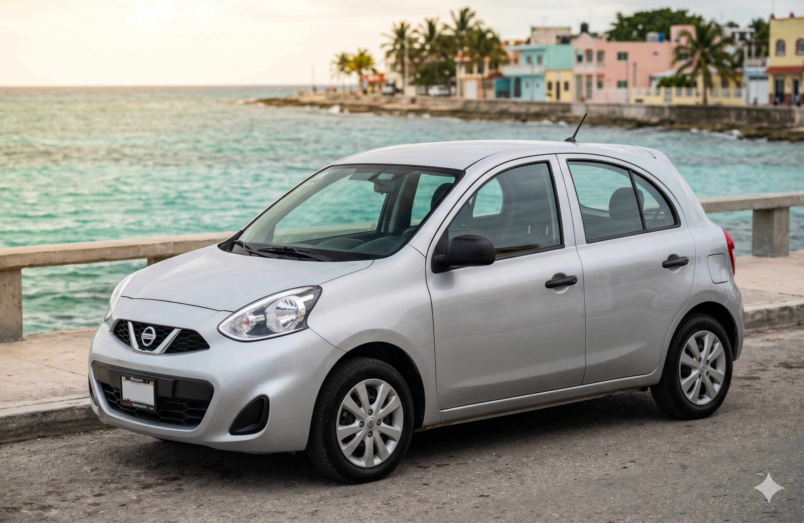 Silver Nissan March compact hatchback rental in Cozumel