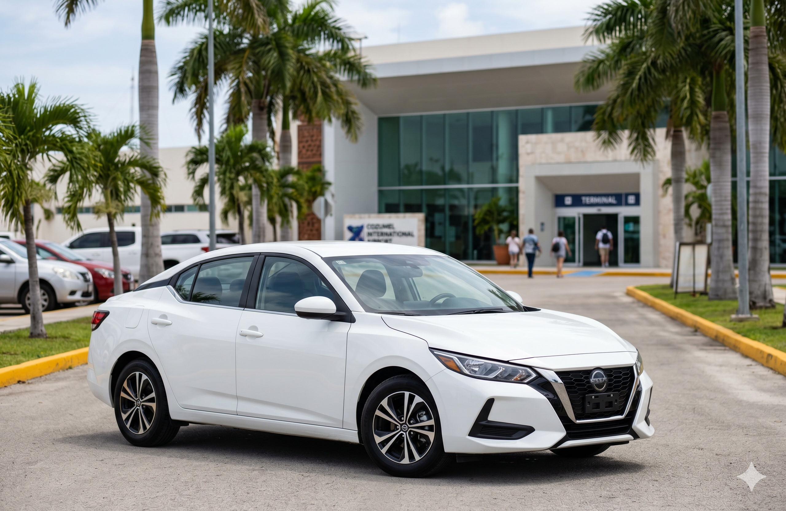 White Nissan Sentra sedan economy rental car in Cozumel